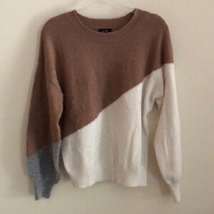 E&M Asymmetrical Colorblock Brown White and Gray Crew Neck Sweater